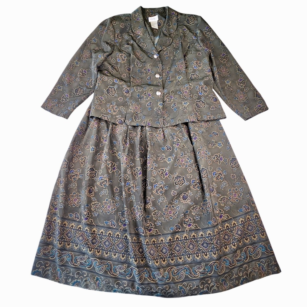 Vintage Koret Dress 2 Piece Set Floral Paisley Skirt Suit Olive Green Size 18